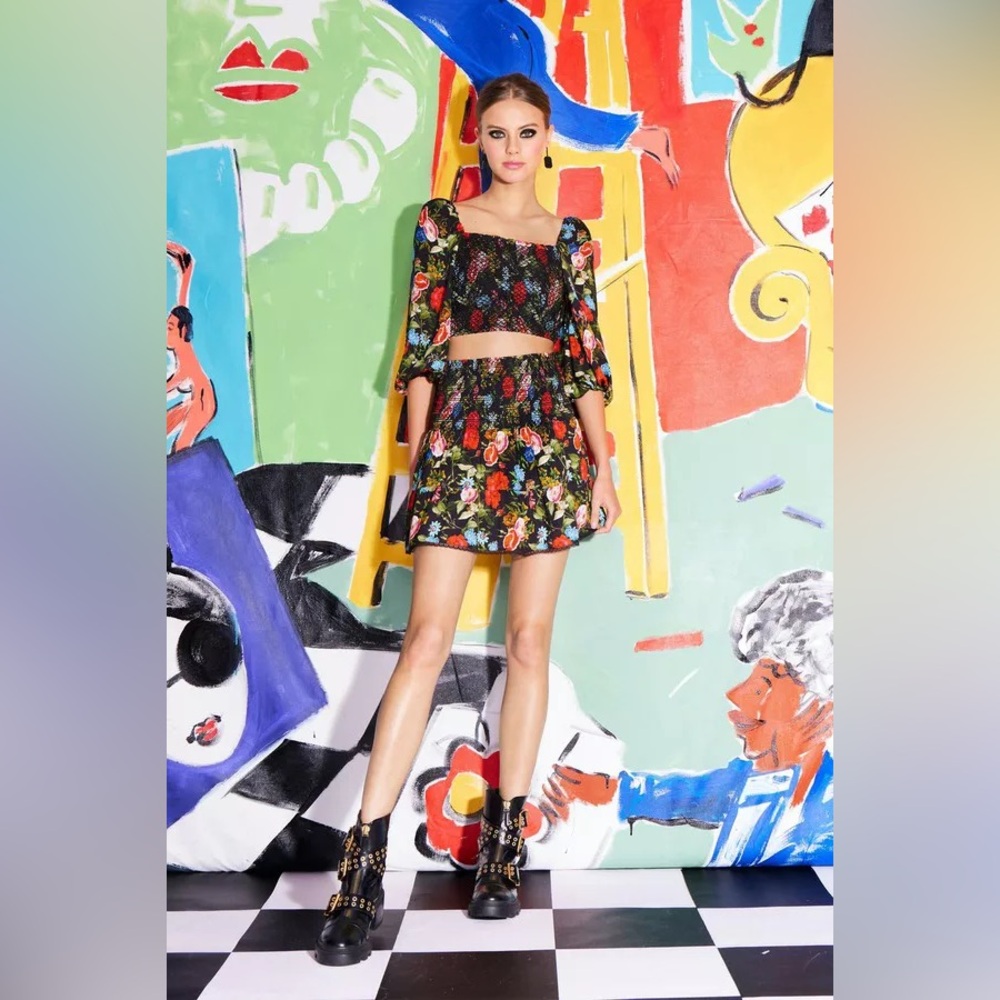 NWT $375 Alice And Olivia Cooper Smocked-bodice Blouson-sleeve Top